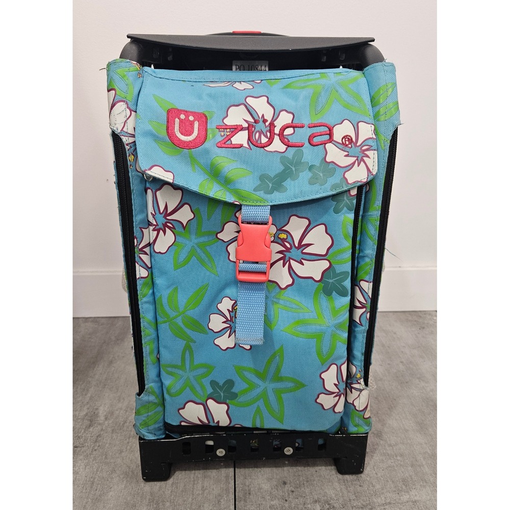 Zuca Sport Rolling Bag Tropical Hibiscus Floral Blue Black Frame Seat School